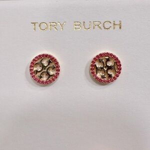 TORY BURCH Miller Crystal Pave Stud Earrings in Gold and Ruby